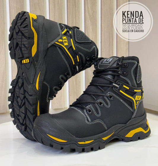 BOTA CUERO PUNTERA DE SEGURIDAD KENDA REF 10 COLOR NEGRO X GRIS X AMARILLO